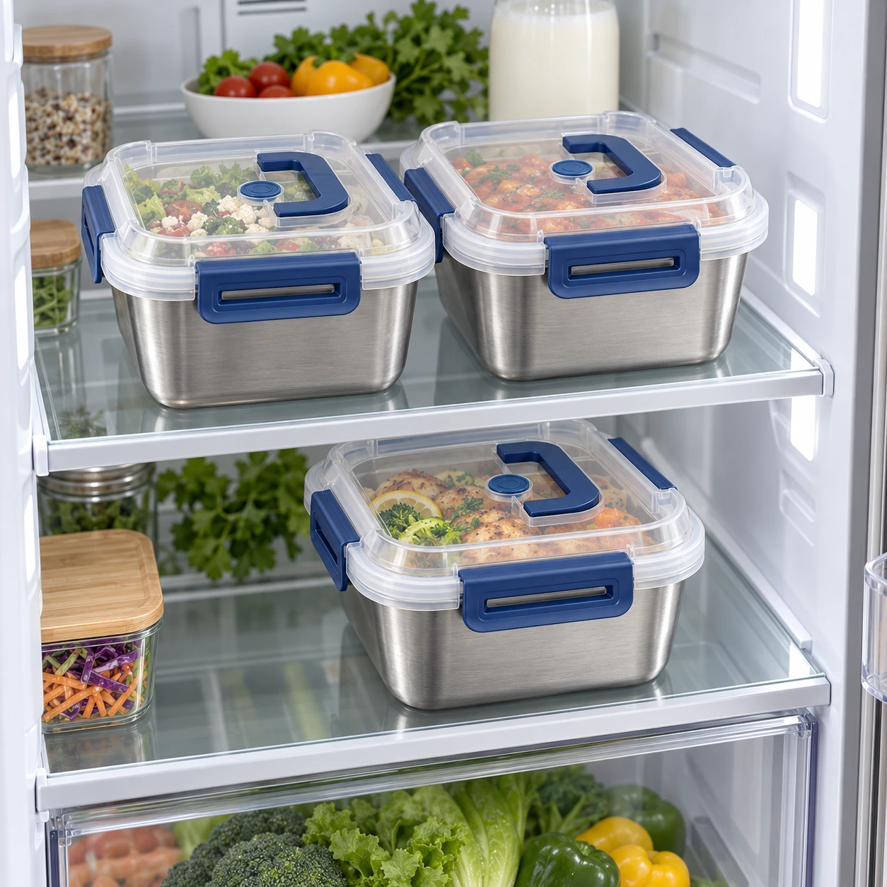 Kentaro containers stored on glass shelves inside an open refrigerator