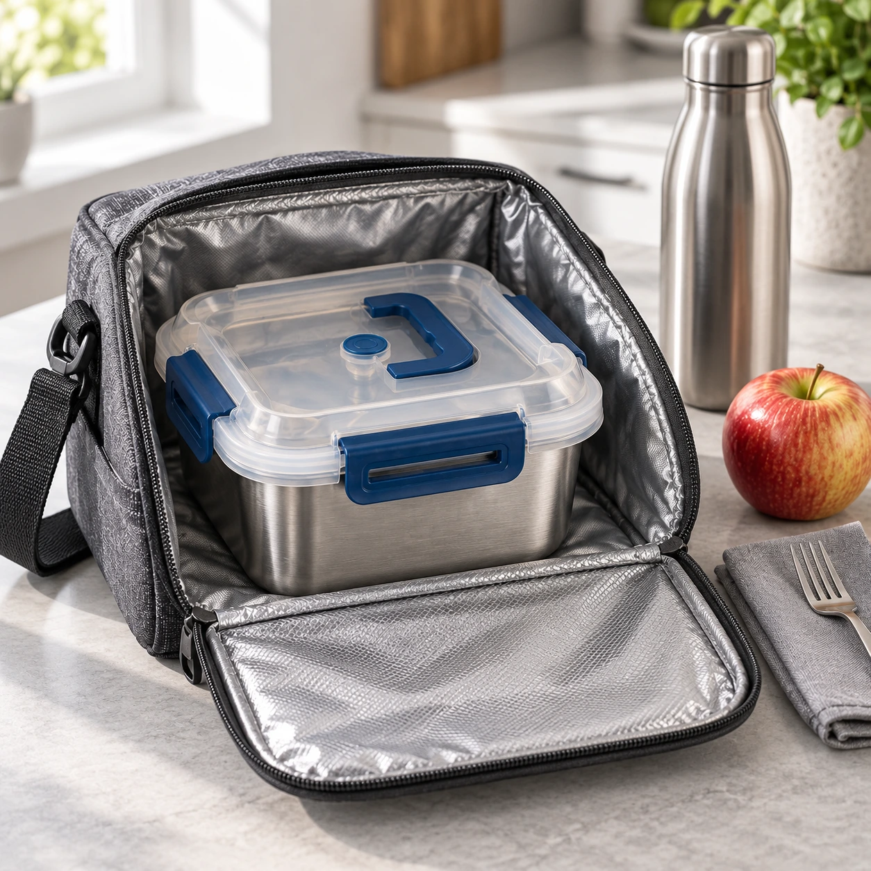 A Kentaro food container packed in an open insulated lunch bag