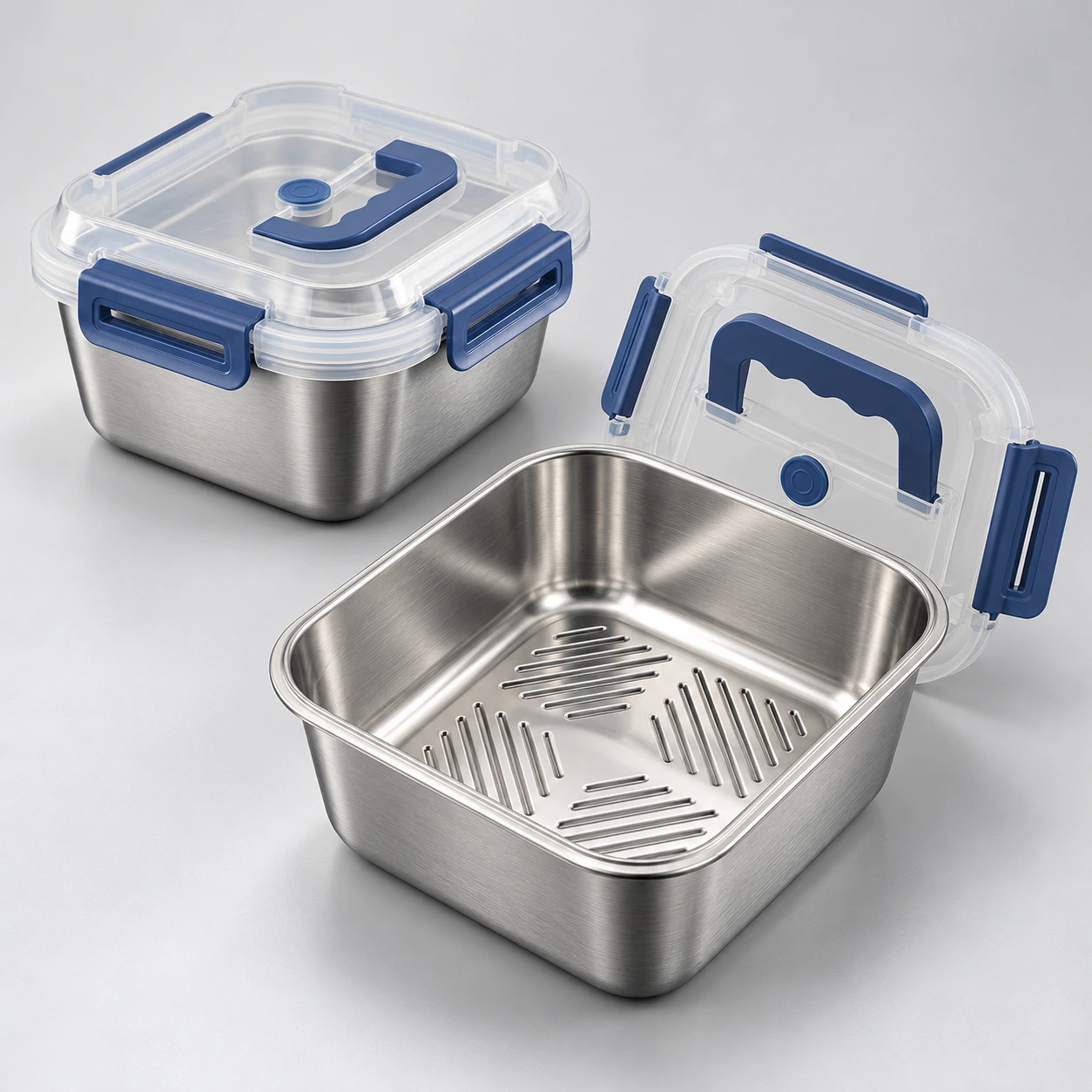 Kentaro stainless steel containers, showing an open body and a closed blue locking lid