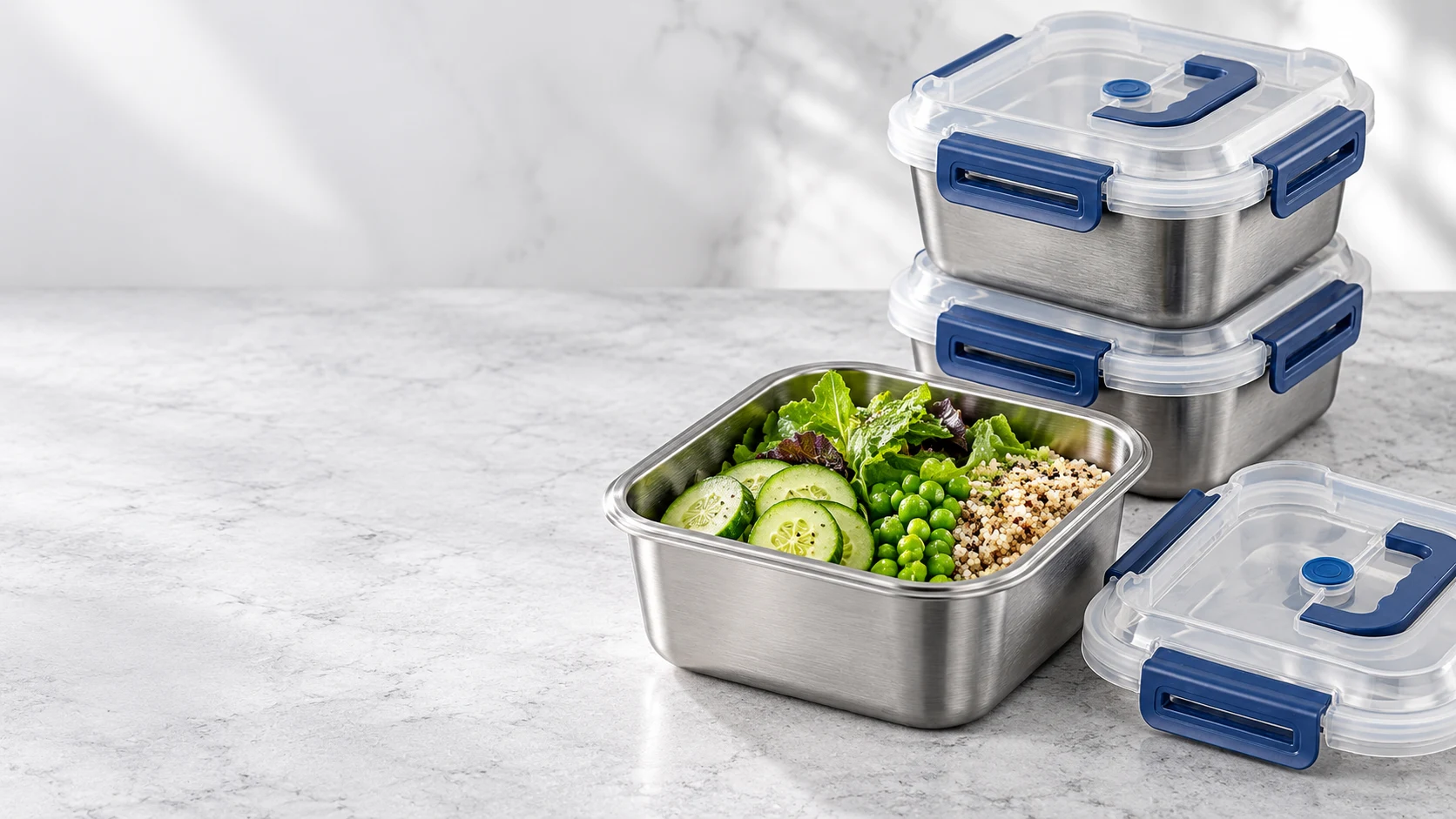 Stainless steel containers with blue locking lids on a light grey kitchen counter