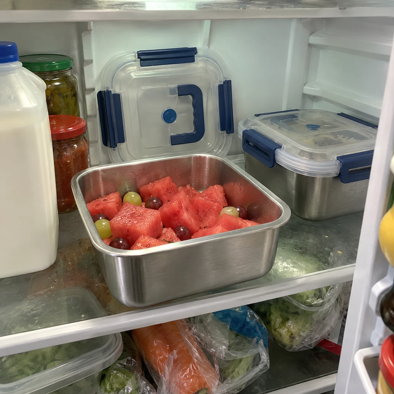 A steel container of chopped fruit on a crowded refrigerator shelf